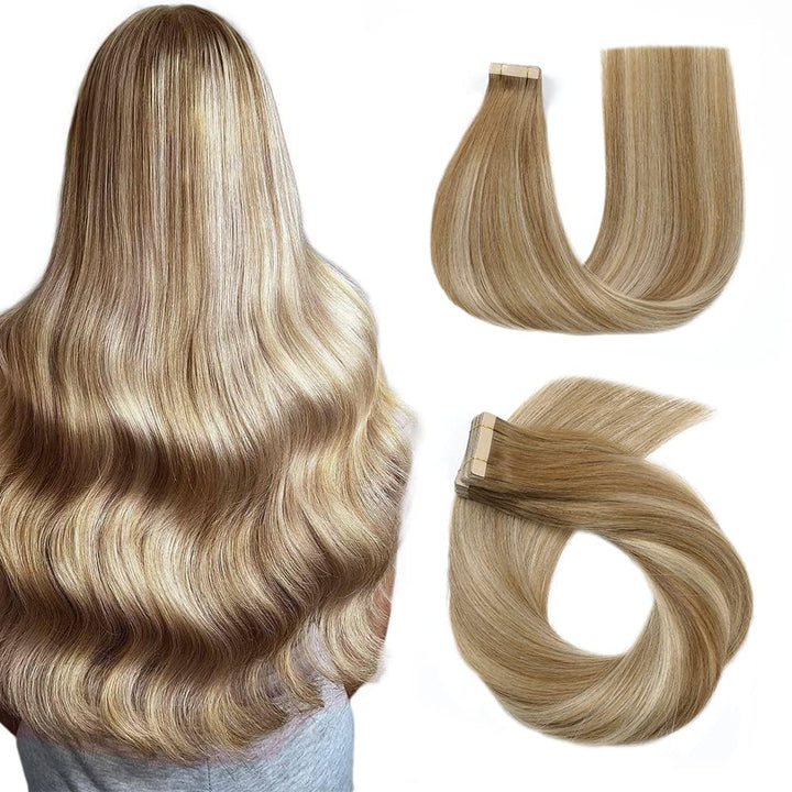 HotLulana Tape Extensions Echthaar Balayage Hellbraun mit Goldblond(#10/10/22) Tape in Extensions Ec