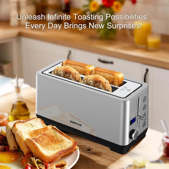 Toaster 4 Scheiben, Doppel-Langschlitztoaster Brötchenaufsatz Krümelschublade LCD Display mit Restze