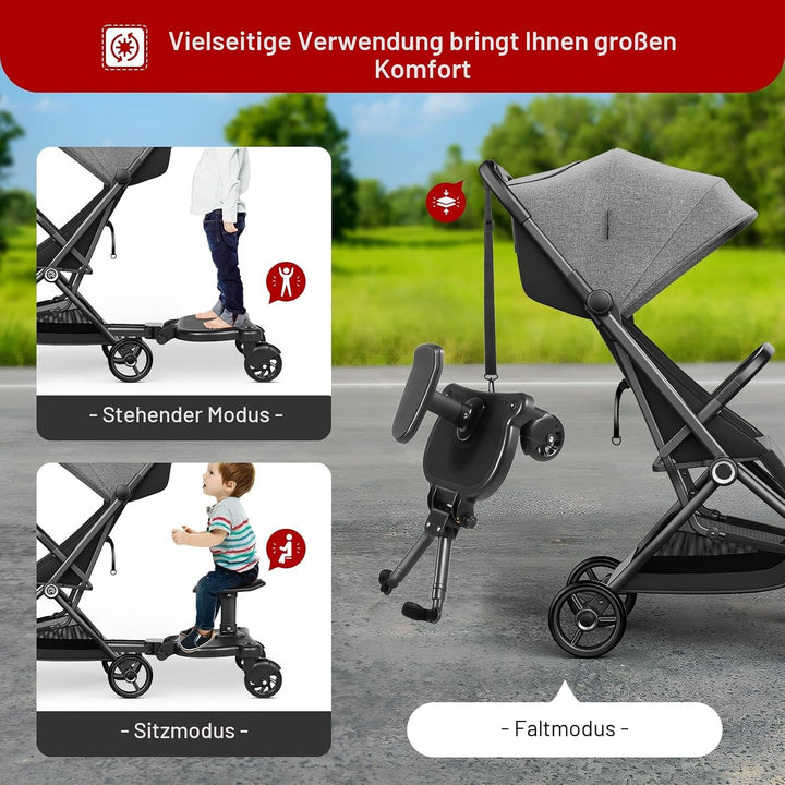 Buggy Board Universal Trittbrett für Kinderwagen, mitfahrbrett mit abnehmbarem Sitz bis 25kg, kompat