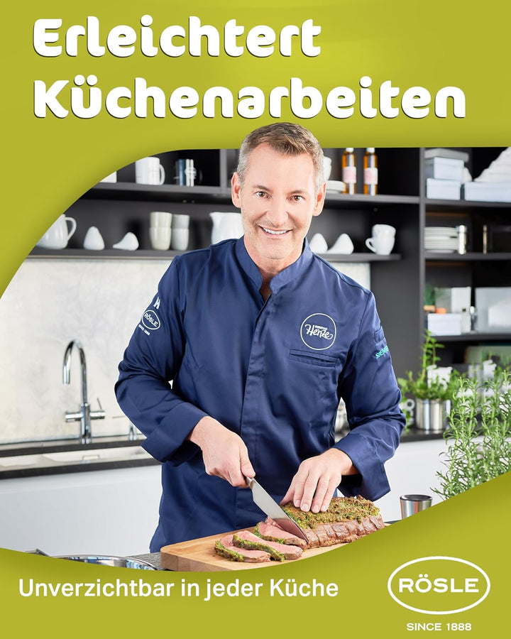 RÖSLE Schneidbrett mit Edelstahlgriff, Hochwertige Schneideunterlage für die Küche zum universellen