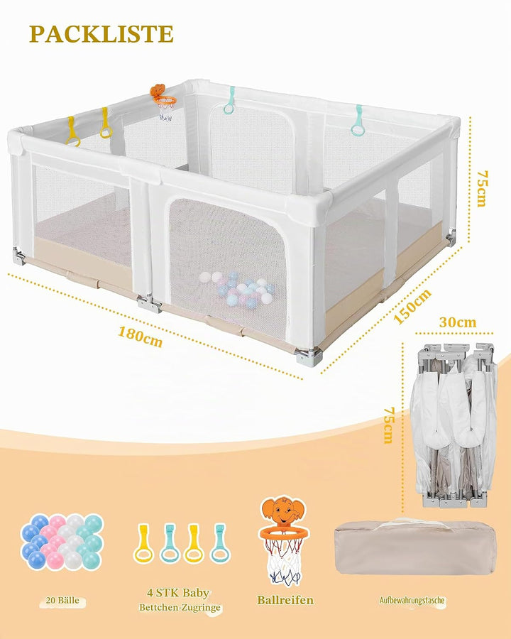 Grosser und Faltbarer Laufstall für Baby: 180 x 150 x 75 cm Playpen,für Drinnen und Draussen,mit 20