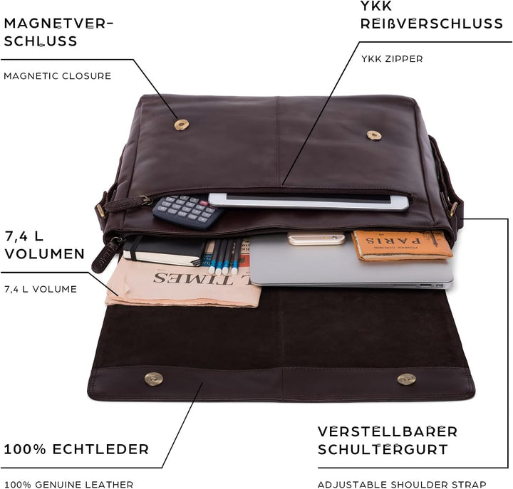 LEABAGS Leder Umhängetasche Herren & Damen I Messenger Bag mit Schultergurt I Echtleder Laptoptasche