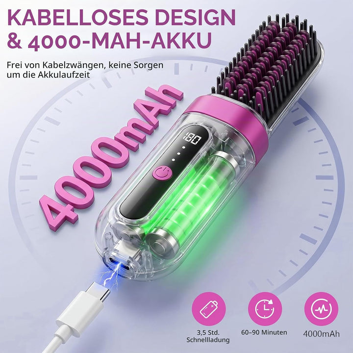 Tragbare Glättungsbürste für Haarstyling, Bwaliffury Kabellose Glättbürste, 4000mAh Wiederaufladbare