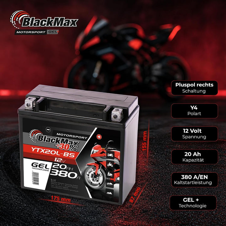 BlackMax YTX20L-BS Motorradbatterie GEL 12V 20Ah GTX20L-BS CTX20L-BS Outlander 20Ah - 340A - YTX20L-