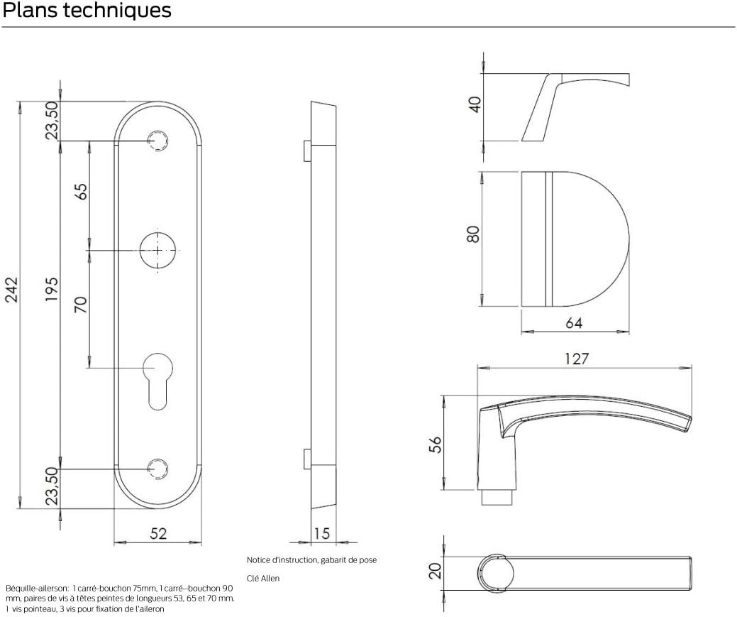 Bricard 9900051 Set gepanzerte Griffe auf Essential Plate, 9900071 Hebelgriff+Finne Silber, Hebelgri