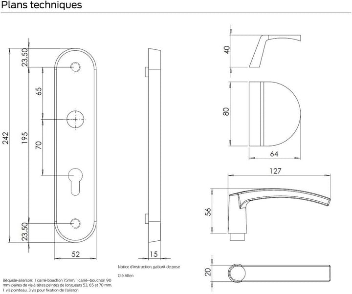 Bricard 9900051 Set gepanzerte Griffe auf Essential Plate, 9900071 Hebelgriff+Finne Silber, Hebelgri