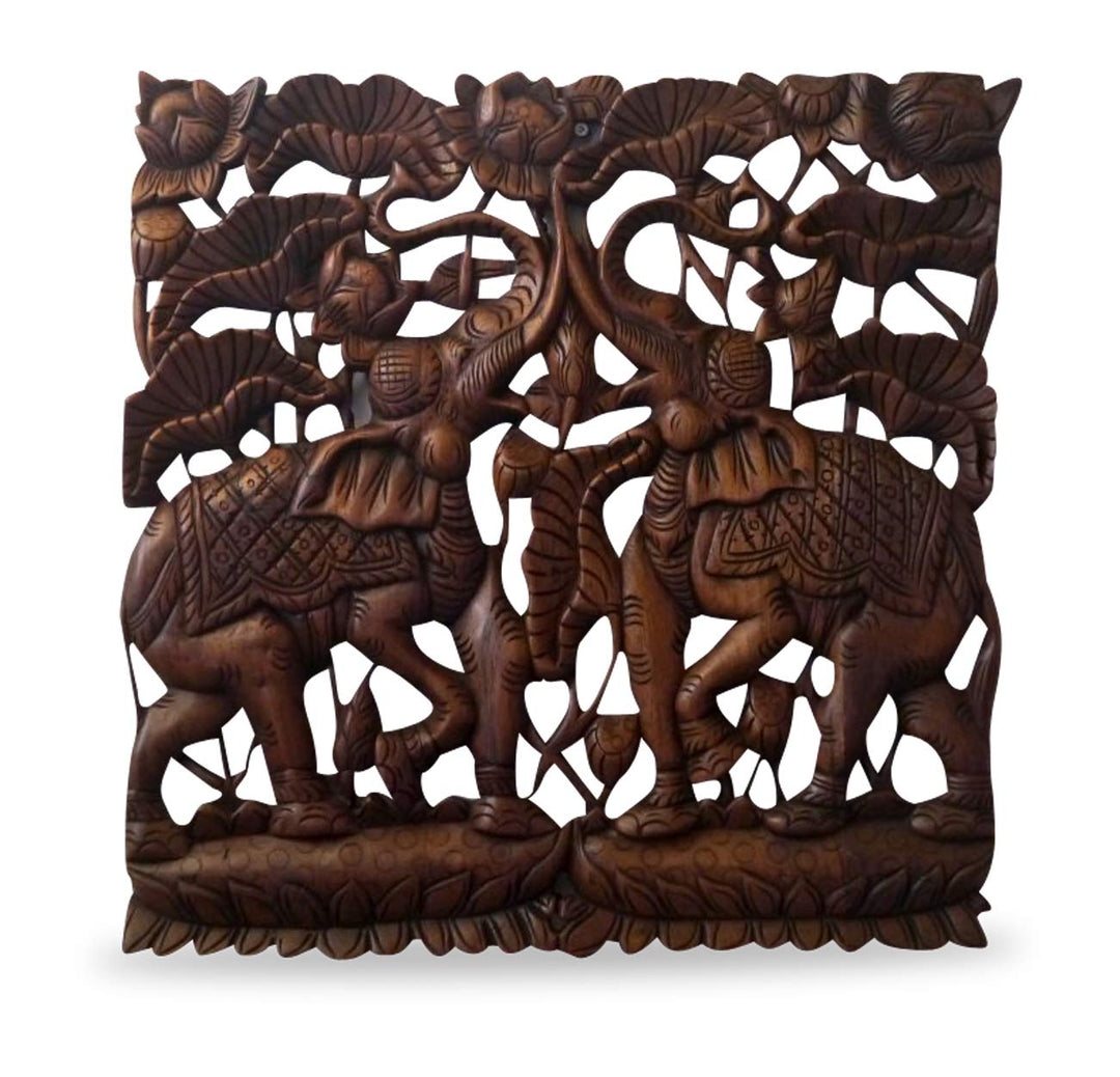 livasia Elefantenrelief, Holzrelief mit Elefanten, Wandrelief, Elefanten Wandbild (Handarbeit)