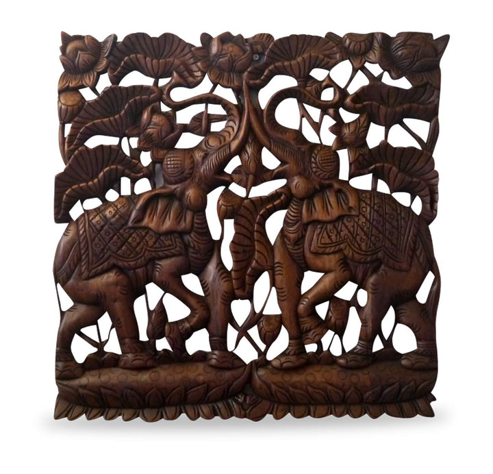 livasia Elefantenrelief, Holzrelief mit Elefanten, Wandrelief, Elefanten Wandbild (Handarbeit)