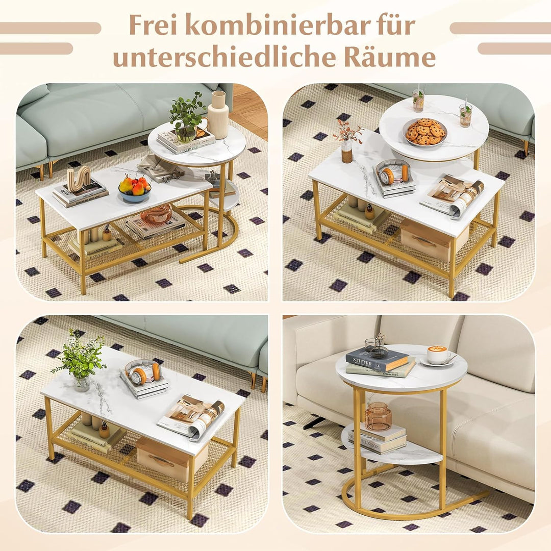COSTWAY 2er Set Couchtisch, Beistelltisch Marmor Optik mit Metallrahmen & Ablage, Kaffeetisch Wohnzi