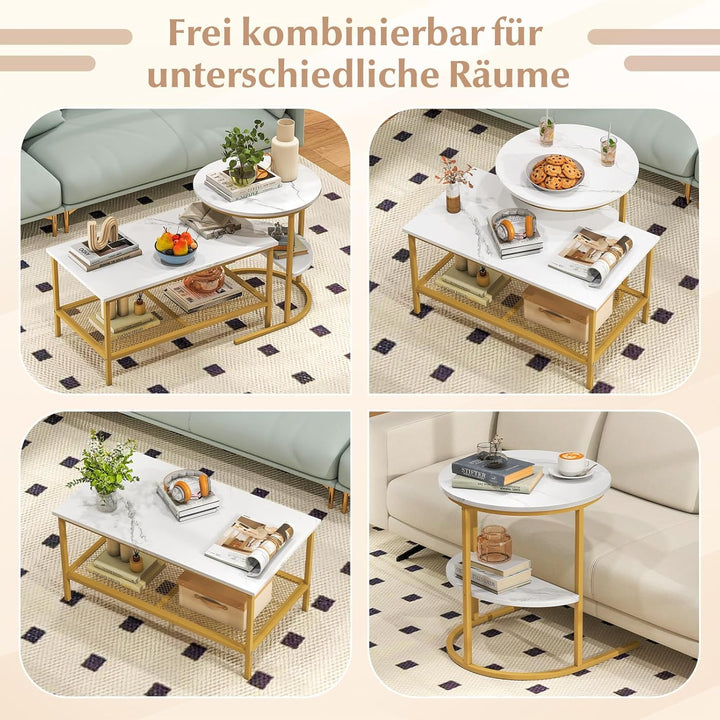 COSTWAY 2er Set Couchtisch, Beistelltisch Marmor Optik mit Metallrahmen & Ablage, Kaffeetisch Wohnzi