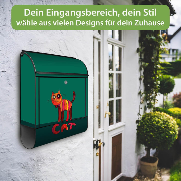 banjado® Design Briefkasten mit Motiv Orange Katze 39x47x14cm &amp; 2 Schlüssel - Briefkasten Stahl schw