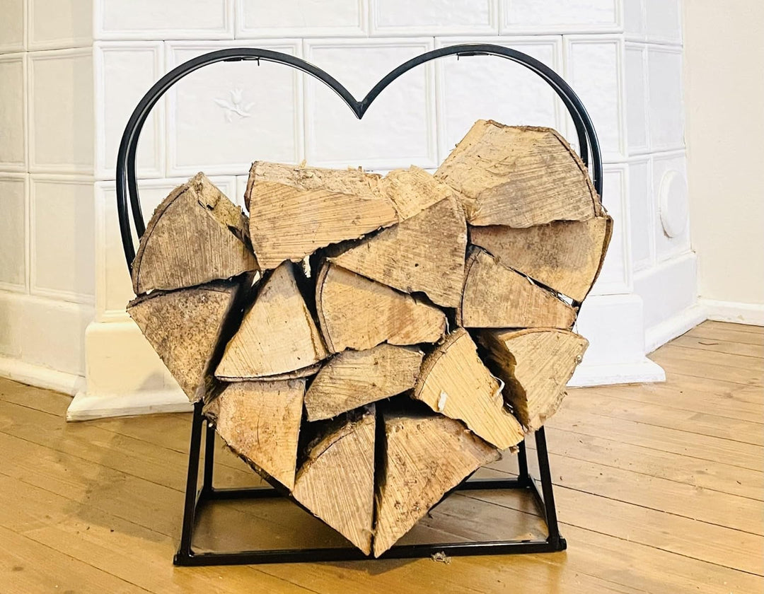 Kaminholz-Regal "Herz" aus Metall, schwarz, Brennholz-Ständer,
