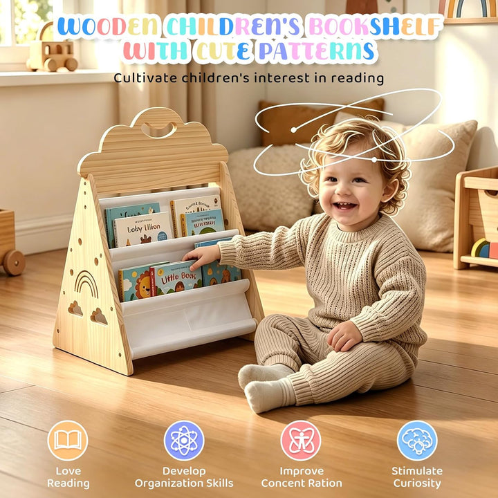 Bücherregal Kinder, Montessori Bücherregal Kinder Tragbar mit Griff, Doppelseitiges Holzregal Tragba