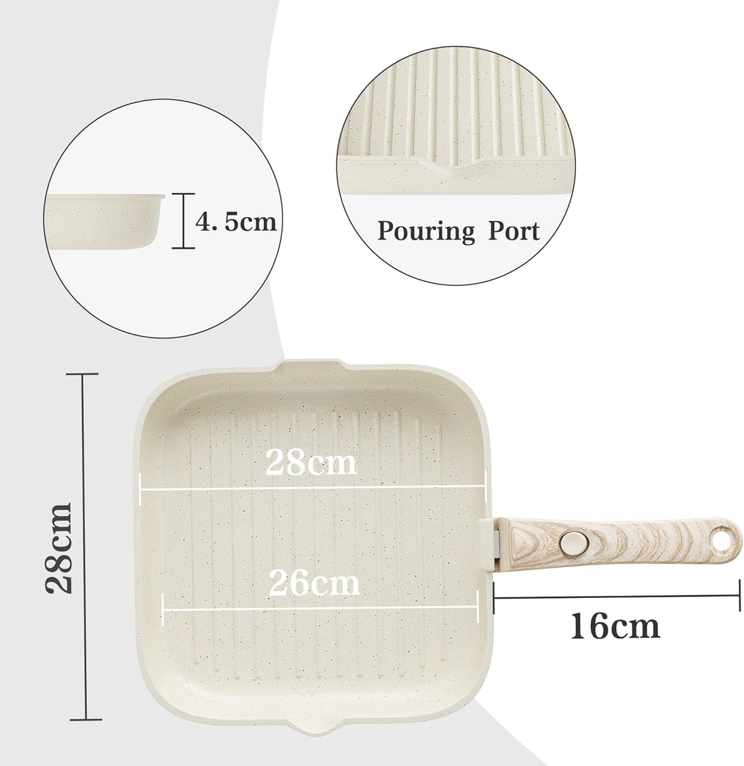 RIOVARM Grillpfanne Induktion 28 cm mit abnehmbaren Griffen, Antihaft Steakpfanne gerillt für alle H