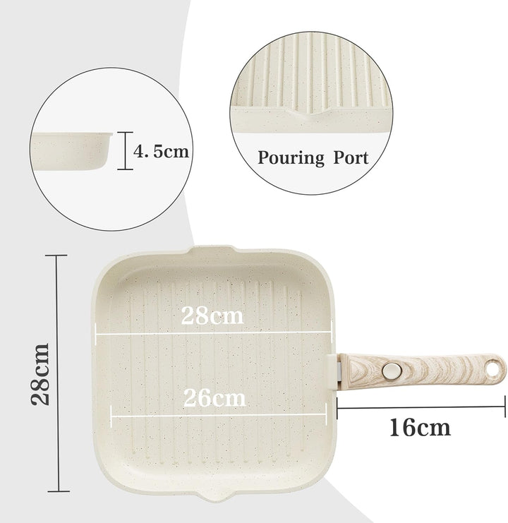 RIOVARM Grillpfanne Induktion 28 cm mit abnehmbaren Griffen, Antihaft Steakpfanne gerillt für alle H