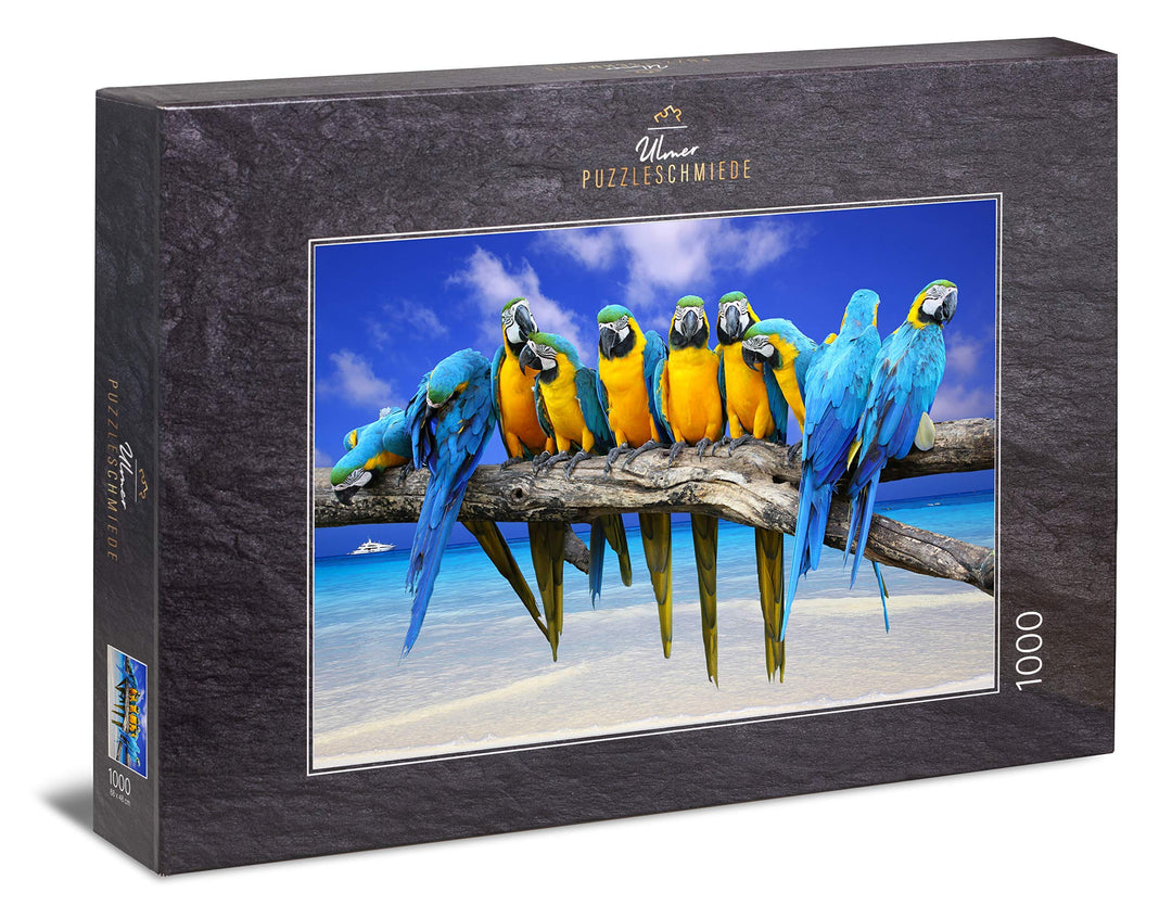 Ulmer Puzzleschmiede - Puzzle „Ausflug ans Meer“– Klassisches 1000 Teile Puzzle – Papagei-Motiv vor