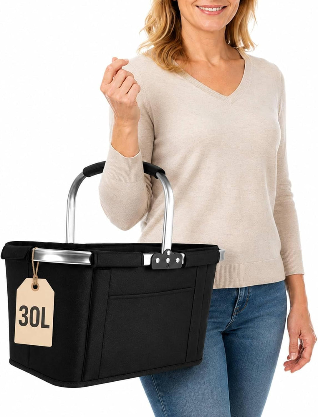 Einkaufskorb Faltbar 30L XXL, Platzsparender Klappkorb mit Edelstahlrahmen &amp; 300D Oxford, Ideal für
