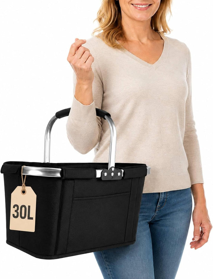 Einkaufskorb Faltbar 30L XXL, Platzsparender Klappkorb mit Edelstahlrahmen &amp; 300D Oxford, Ideal für