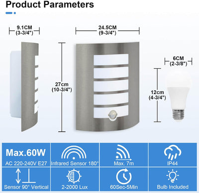 Aussenlampe mit Bewegungsmelder E27 Wandleuchte IP44 Eckig Aussenlampe Wand Edelstahl ABS für Hauswa