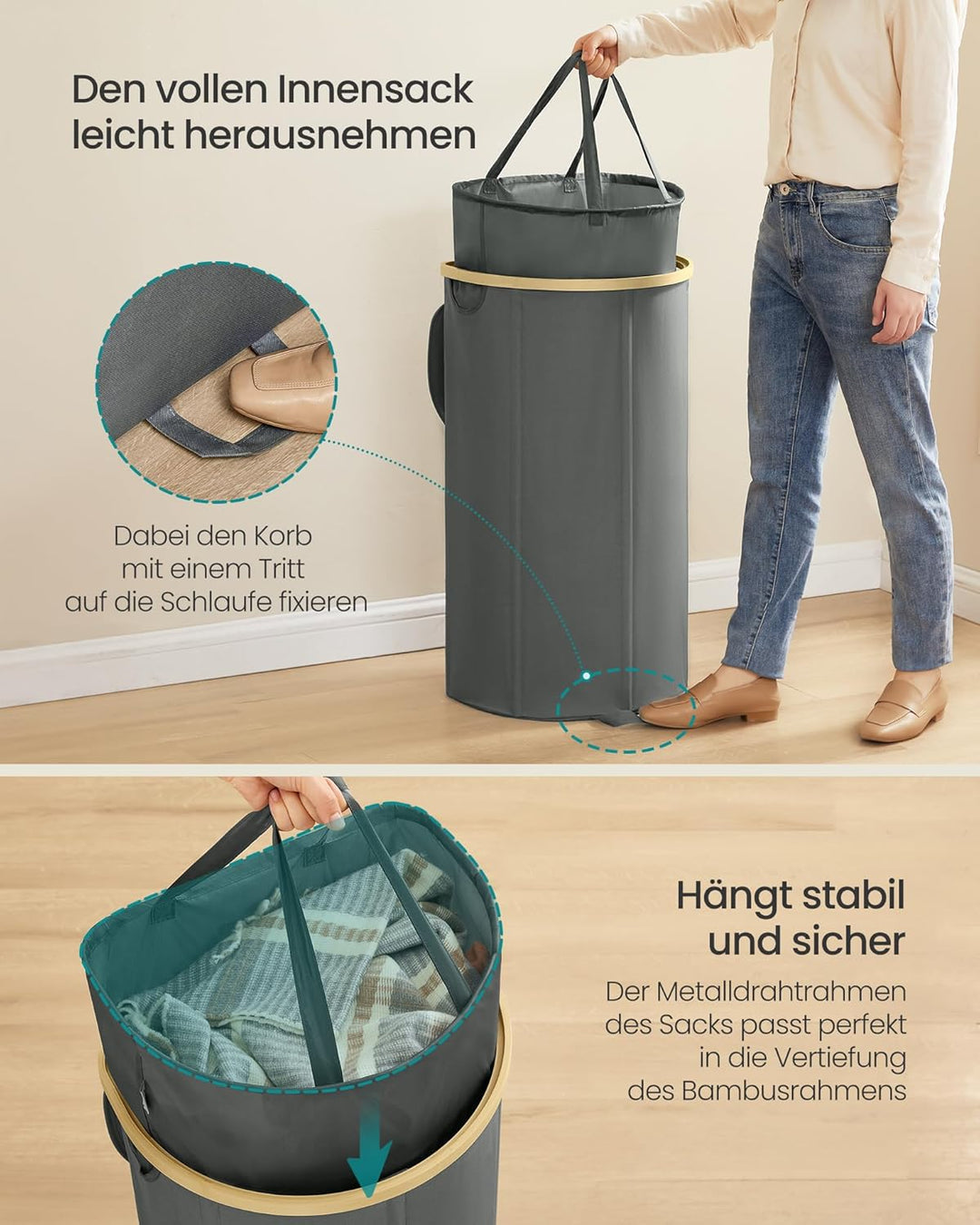 SONGMICS Wäschekorb, Wäschesammler, 90 Liter, Wäschetonne mit Deckel, Wäschesack herausnehmbar, für