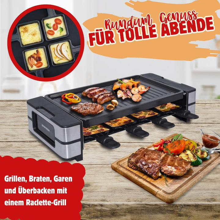 Syntrox 8er 4in1 Raclette Grill| Tischgrill | Pfännchen| 8 Personen, einfache Reinigung, robust und