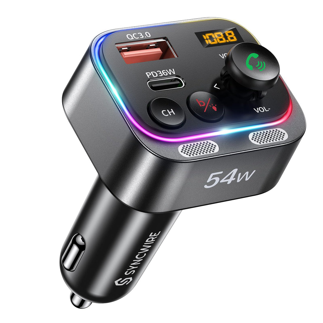 Syncwire Bluetooth 5.4 FM Transmitter Auto Ladegerät 54W PD&QC3.0 USB C Auto Adapter [Schnellladung]