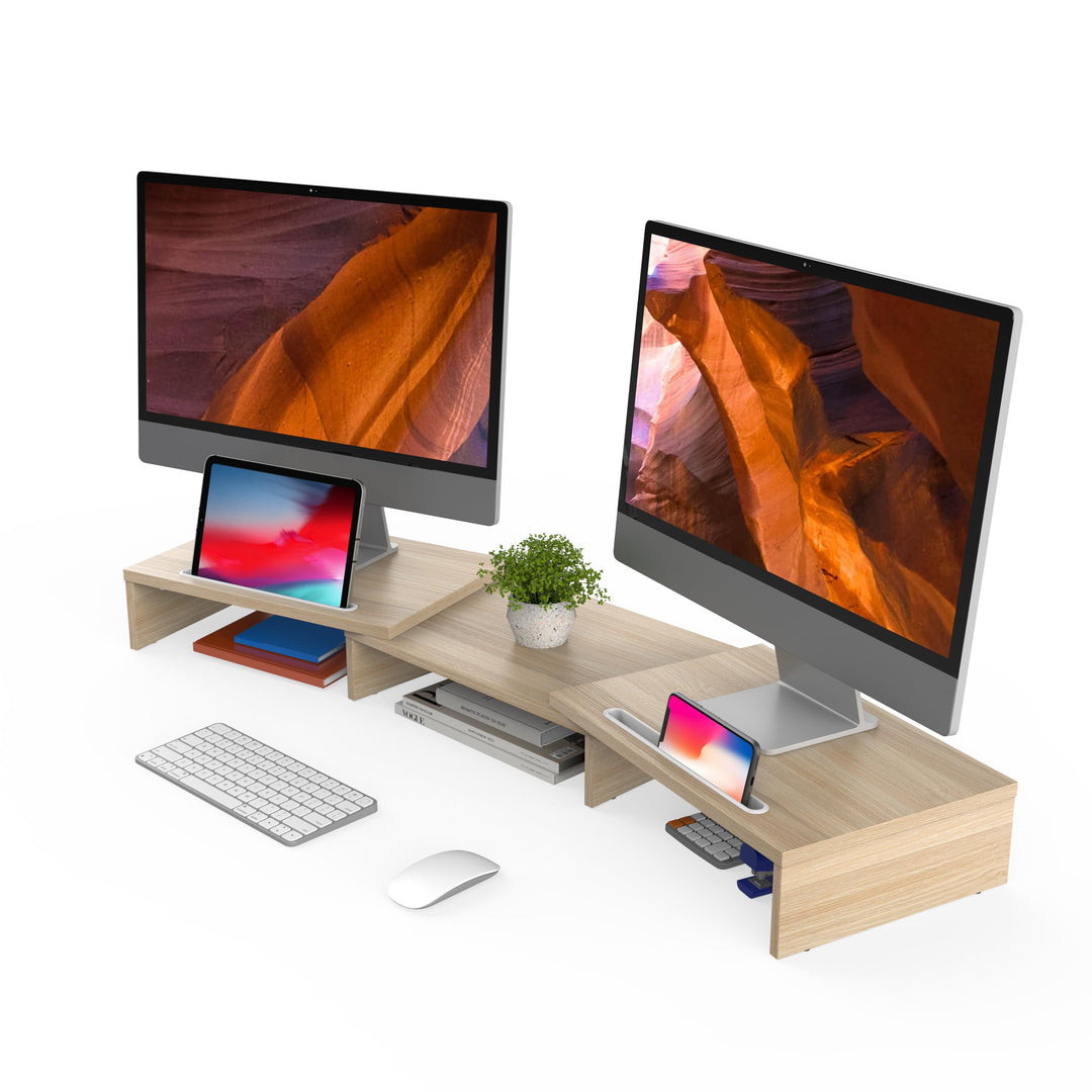 FITUEYES Dual Monitor Ständer Holz Drehbar Länge Verstellbar mit Halteschlitz für Smartphones Tablet