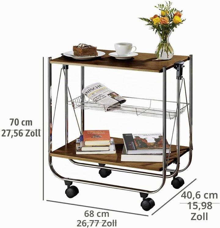 WENKO Servierwagen Dinett Deluxe Walnuss - zusammenklappbar, Ablagekorb, MDF, 68 x 70 x 40.6 cm, Bra