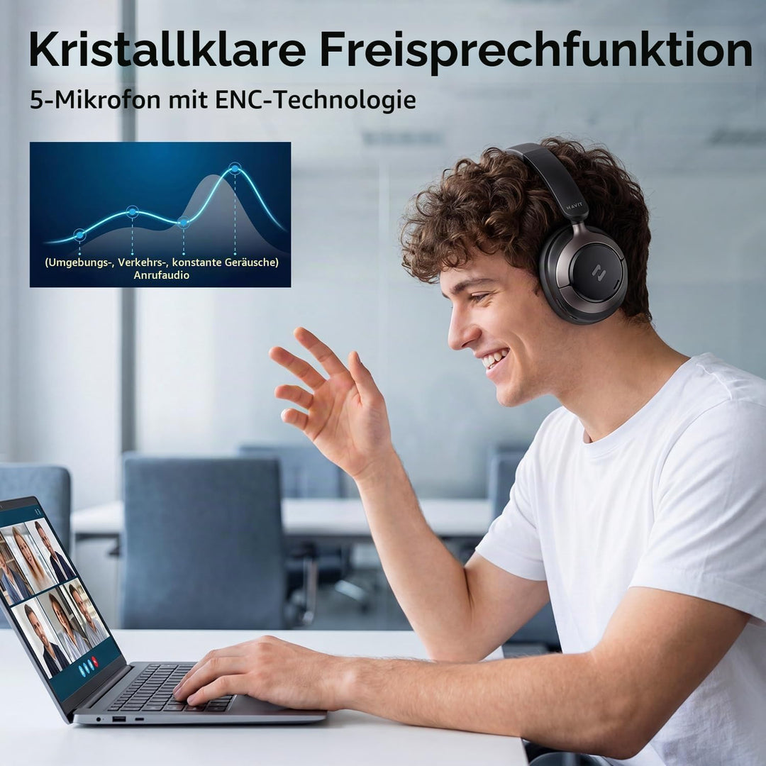 havit H683BT Hybrid Active Noise Cancelling Kopfhörer, Hi-Res Over Ear Bluetooth Kopfhörer mit 4 Mic