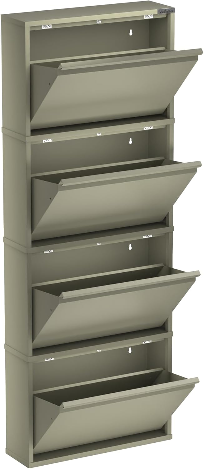 Schuhregal, schmal, hoch, Schuhschrank, mit magnetischem Deckel, Wandmontage, aus Metall (Grau Kiese