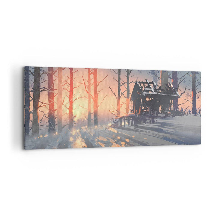 Wandbilder Dekoration Wohnzimmer Winter Wald Hütte Panorama Bilder auf Leinwand 120x50cm Leinwandbil