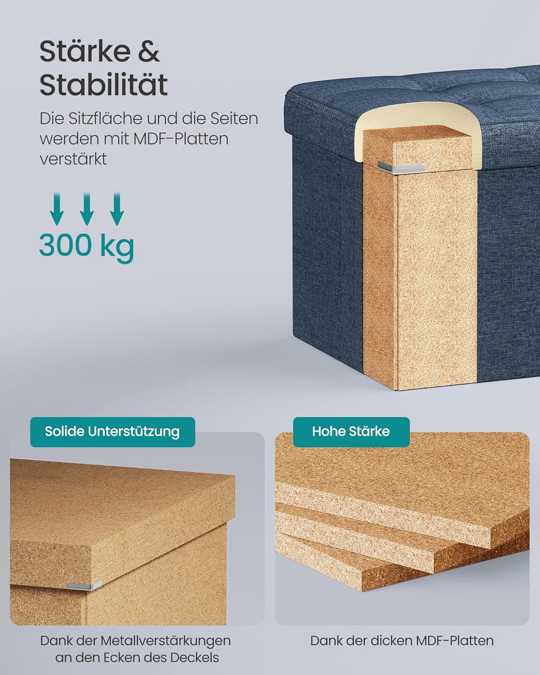 SONGMICS Sitzhocker mit Stauraum, klappbare Sitzbank, 38 x 110 x 38 cm Fussbank, Aufbewahrungsbox, b