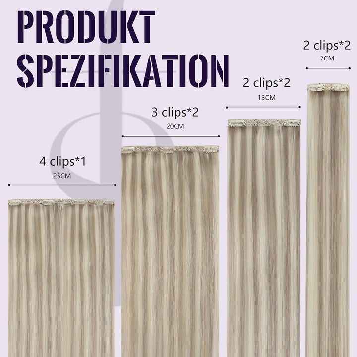 Fshine Echthaar Extensions Clip 35cm 120g Aschblondes Highlight mit Bleichblond Clip in Extensions E