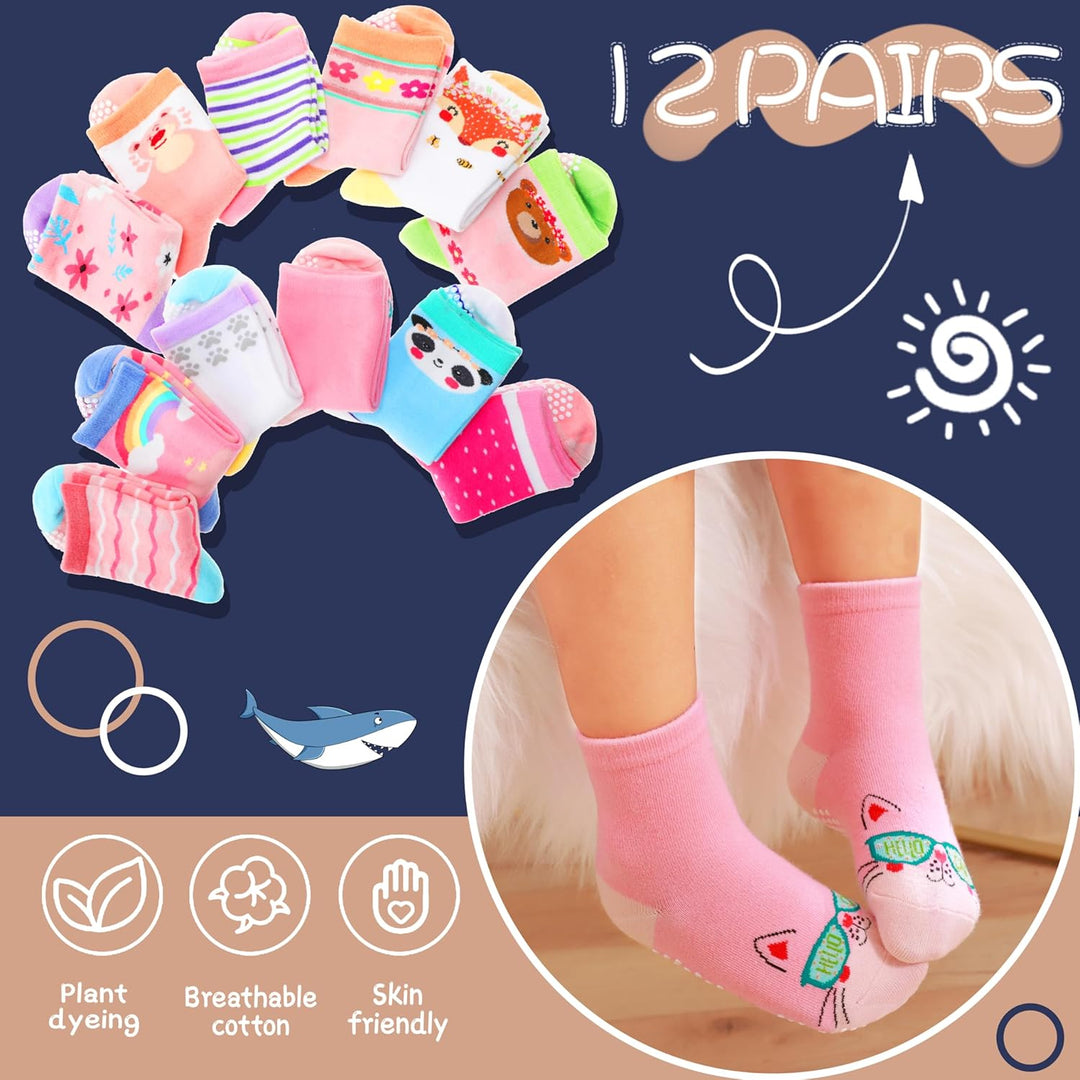 ANTSANG 12 Paare Stoppersocken Kinder Baby Mädchen Socken Anti Rutsch / Rutschfeste Socken Baumwolle
