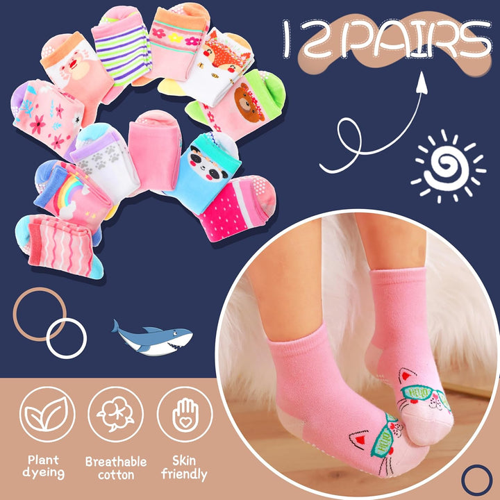 ANTSANG 12 Paare Stoppersocken Kinder Baby Mädchen Socken Anti Rutsch / Rutschfeste Socken Baumwolle