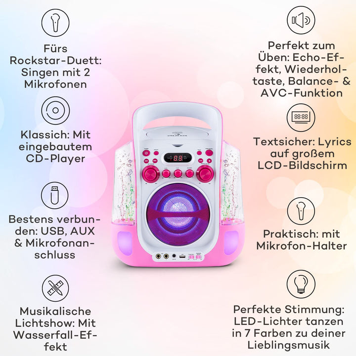 auna Kara Liquida Karaoke Anlage - Karaoke Maschine mit 2 x Mikrofon, Karaoke Box mit Spezialeffekte