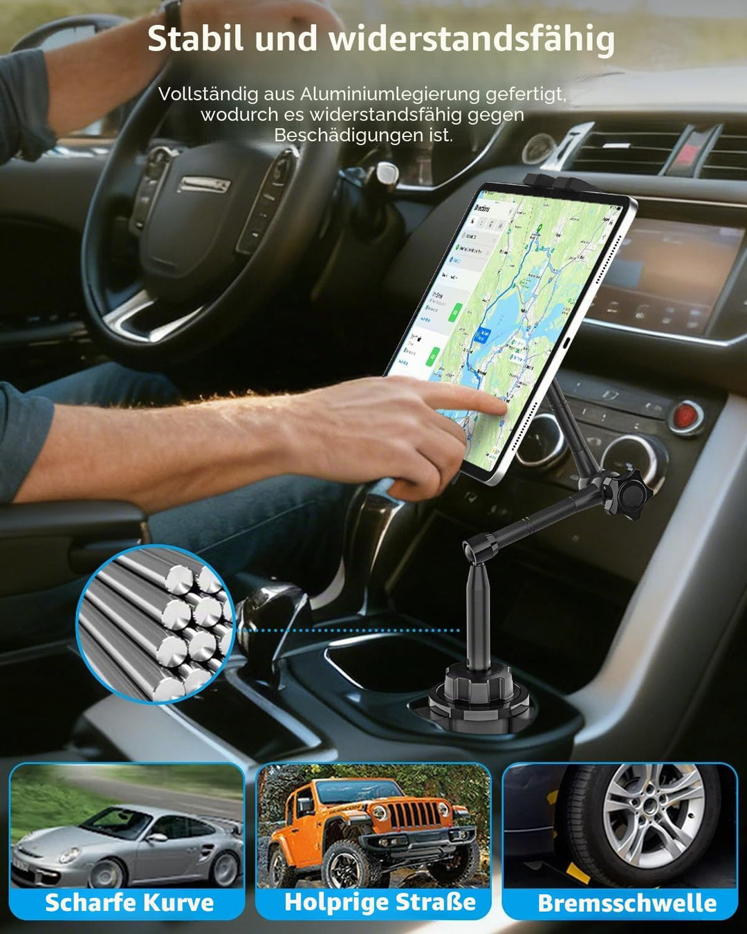 Flexibel Tablet Halterung Getränkehalter Auto [Aluminium Verstellbarer Magic Arm] KFZ LWK Wohnmobil