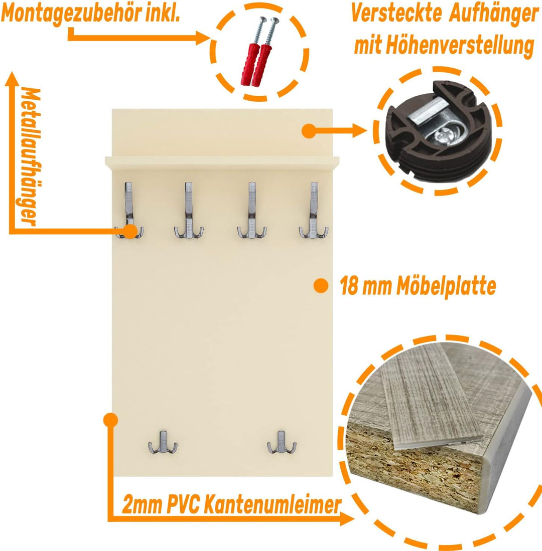 AKKE 120x60 | MAXI Garderobenpaneel Wandgarderobe Garderobe Wandpaneel Kleiderstange CHROM | VANILLE