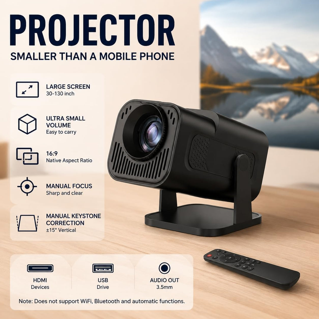 Mini Beamer, Tragbarer HD 1080P Heimkino Projektor mit HDMI-/USB-Kabelverbindung, Manueller Fokus, 1
