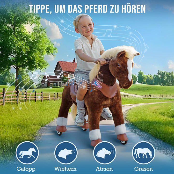 PonyCycle Simulation Pferd Spielzeug für Kinder 4–7 Jahre, Braun Reitspielzeug mit Räder, Modell Y H