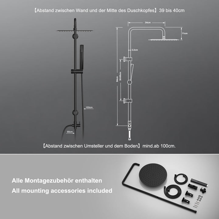 Görbach Regendusche Duschsystem ohne Armatur, Edelstahl Duschset mit 92cm Duschstange, XXL Überkopfb