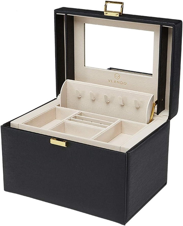 Vlando City Beauty Medium Jewelry Box, Faux Leather Jewelry Organizer Gift for Women Girl Mon-Black