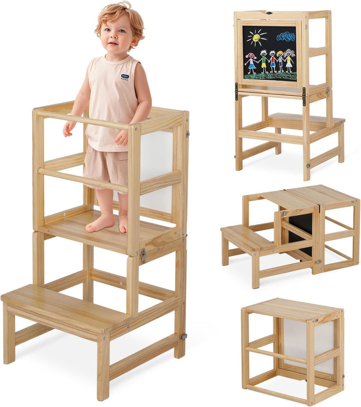 LALAHO Lernturm ab 1 Jahr，Tritthocker Holz，Lernturm Klappbar mit rutschfeste Matte，Montessori Inspir