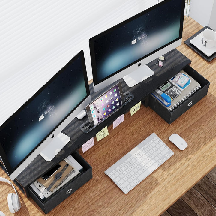 Dual Monitor Stand Riser mit 2 Schubladen - 100CM grosse Lagerung Computer Monitorständer für 2 Moni