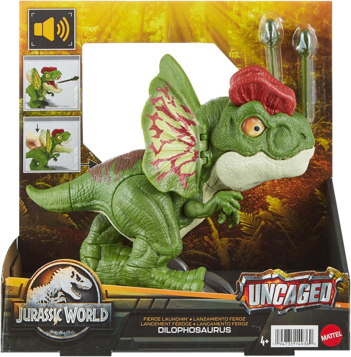 JURASSIC WORLD Dilophosaurus - Dinosaurierspielzeug mit Geräuschen und Pfeilen für wilden Kampfspass