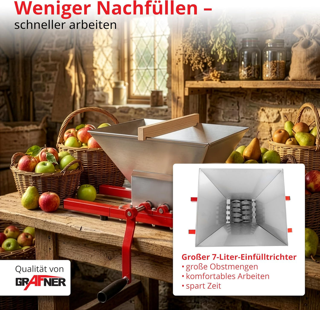 Grafner Obstmühle 7 Liter, Massive Ausführung mit Handkurbel, Apfelpresse Beerenmühle Traubenmühle S