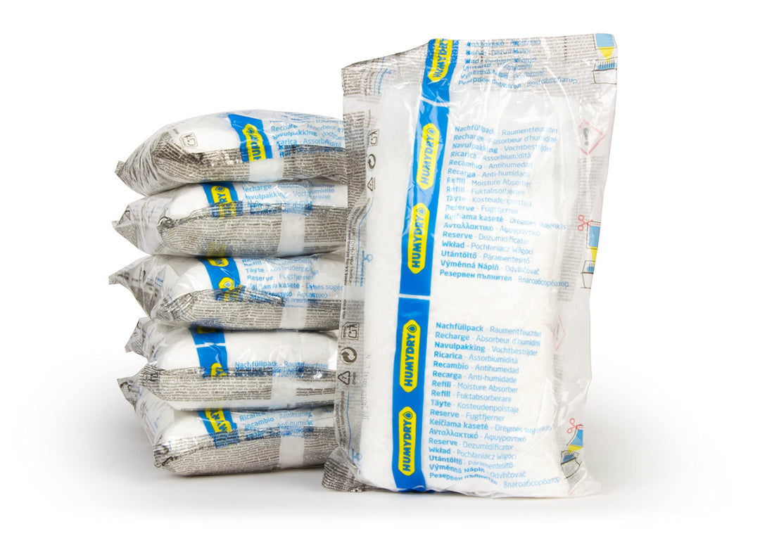 HUMYDRY® 6er-Set Nachfüllpackungen 1kg für Luftentfeuchter ohne Strom | Beseitigt Feuchtigkeit in gr