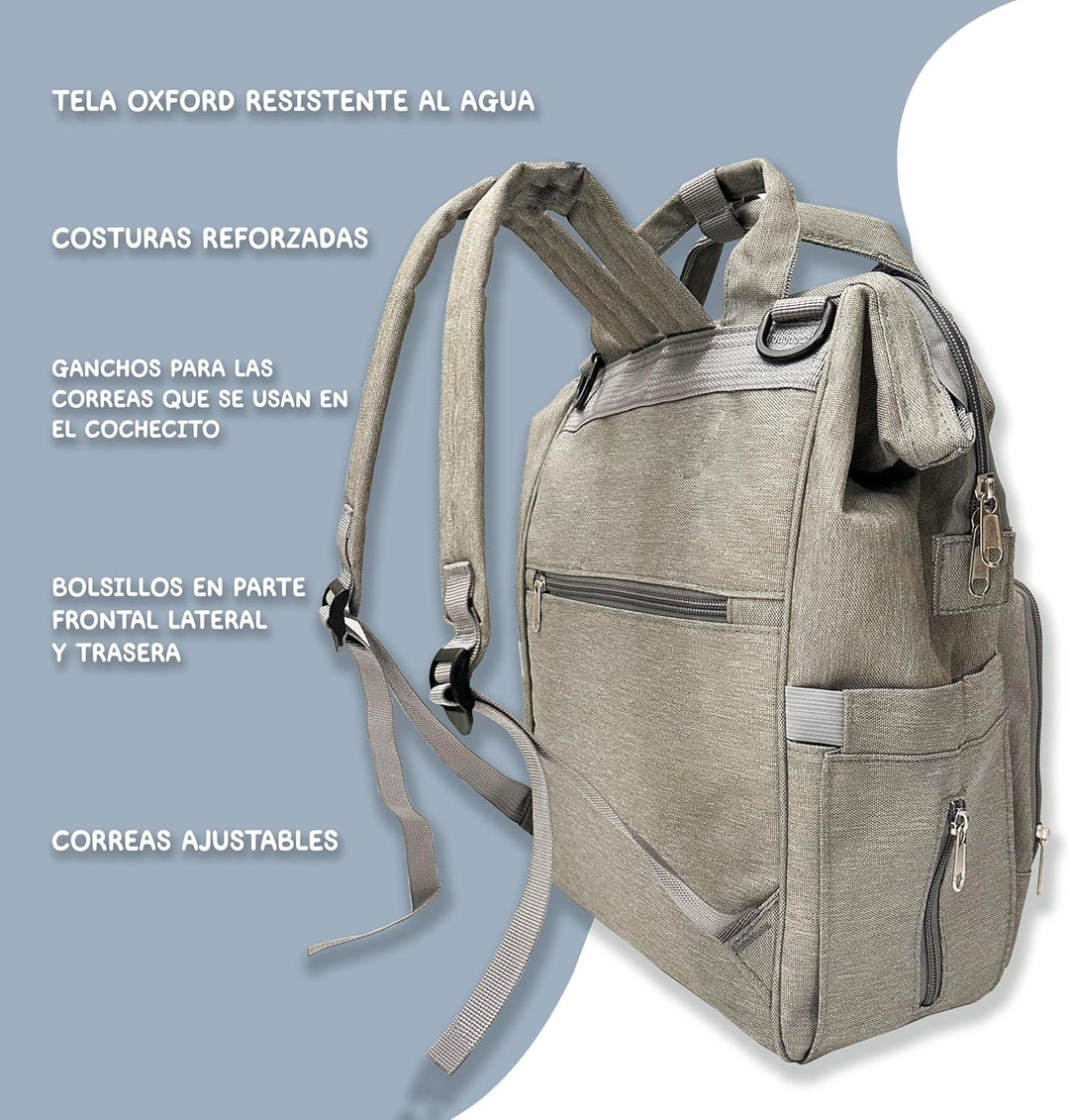 Wickelrucksack mit verschiedenen Staufächern und Riemen für den Kinderwagen, ideal für den Transport