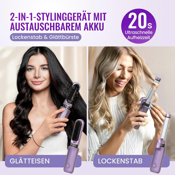 2-in-1 Kabellose Glättungsbürste Lockenstab, Akku Wärmebürste Haarglätter, wiederaufladbares Haarloc