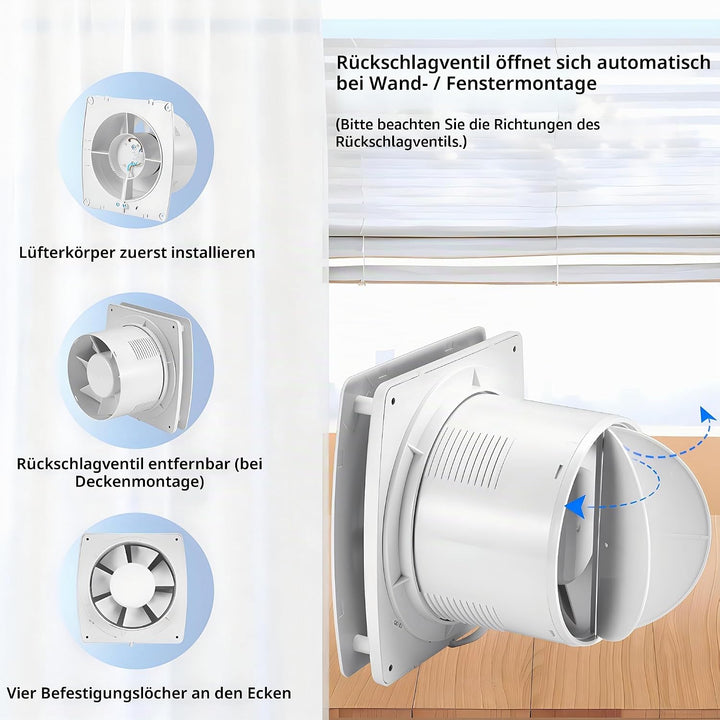120mm Abluftventilator Küche, 130m³/H IPX2 Leiser Badlüfter Fensterlüfter mit Scheckventil 1m EU-Net